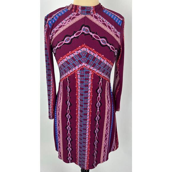 Free People Size M Purple Stella Retro Mini Dress Long Sleeves Festival Mod - Picture 5 of 16
